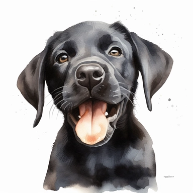 black labrador retriever puppy tongue out, watercolor illustration, clipart, head, hyper-realistic animal illustration, childlike, free brushwork, white background
