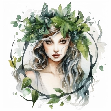 Clipart, watercolor, white background: A forest fairy with a wreath of ivy and berries adorning her hair, caring for wounded animals and healing the forest with her touch.