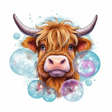 a highland cow with a bright bow blowing a bubble clipart