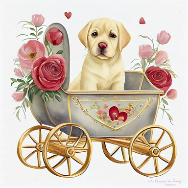 Cute Yellow Labrador Retriever Puppy valentine, heart wagon, blush tones, Lilla Rogers agency, watercolor, roses, cupid, fairytale, folkart, clipart, white background