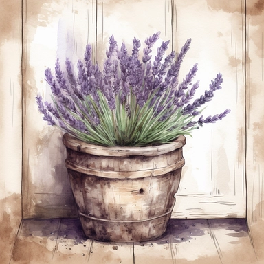 Create a beautiful watercolor clipart of a dried bunch of a French lavender. potted plant against a rustic farm door. The composition should be set against an isolated white background, with a bright and airy feel. Focus on capturing intricate details such as the delicate petals of the lavender. Use a loose and fluid watercolor technique to create a sense of movement and lightness. Experiment with the use of negative space to create a sense of depth and perspective. Consider adding small splatte