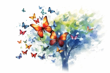 flying butterflies, forrest, nature, waterpool, wallpaper, side view, watercolor, , high click conversion, new color, clipart, hd, on white background