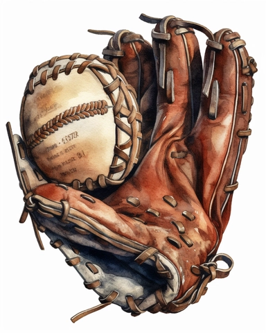 Baseball Glove with ball Watercolor Clipart, with the ball in the center of the Glove, highly detailed, white background 8k
