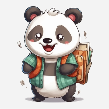 cute panda, student, happy and smiling, clipart, white background, no shadow