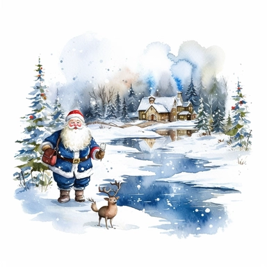 High resolution Christmas theme Watercolor Cute santa claus wearing blue Clipart Collection in beautiful winter landscape with a lot of snow and a small lake, christmas theme, detailed, isolated, white background, one pattern 8k