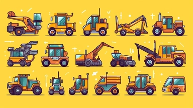 Construction Vehicles vector clipart vector Construction Vehicles cute collection, in the style of #screenshotsaturday, flat areas of color, flat color blocks, 1970–present, rough-edged 2d animation, lightbox, colorful animation stills
