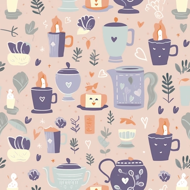 An image filled with loving, homely items that symbolize motherhood, such as a steaming coffee mug, a calming candle, a comfy pillow, and a heart-shaped pendant, all crafted in a paper-cut style. Each item interlinks seamlessly, set against a soft, pastel-toned backdrop, creating an enchanting pattern that encapsulates the warmth and care associated with a mother's love. in Clipart style
