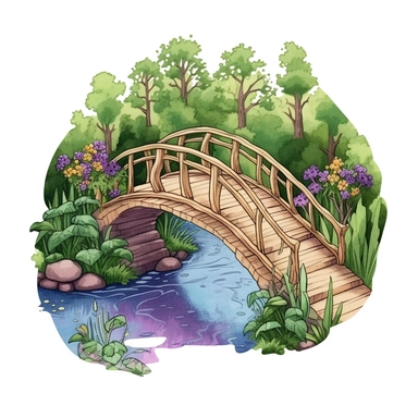 Create One clipart inspired by Enchanted Bridge: Design a clipart featuring a charming wooden bridge arching over a small creek in the heart of the forest. Paint the bridge with earthy in various shades of green, purple, blue, red and adorn it with delicate vines and flowers. Surround the area with tall, ancient trees, creating a lush and magical canopy overhead, Cozzy watercolor style. in 4K. mostly in green color so it can be used in fantasy books. beautifull coloring