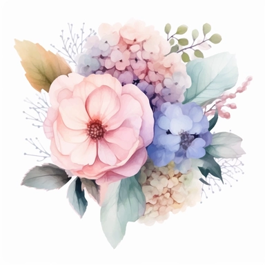 watercolor floral clipart free, filled with hydrangea, carnations and roses, in the style of realistic usage of light and color, in the style of soft pastel watercolors, harmonious composition, soft pastel colors, mauve, pink, and baby blues, soft focus romanticism, decorative paintings, large canvas sizes, colorful patchwork, eye-catching composition, dense composition, high resolution