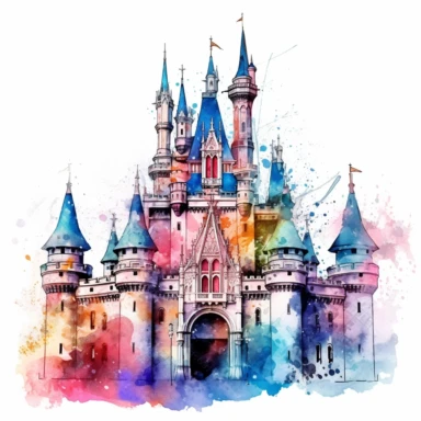 one castle Watercolor clipart on a white background, in the style of realistic and hyper-detailed rendering, muralist, distressed material, uhd image, ps1 graphics, detailed character design, large scale murals, no watermark, text, 300 DPI , typography, shapes do not stick together, no text in the picture, on a white background