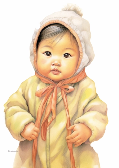 a cute retro vintage Asian infant baby girl . Color pencil sketch, soft baby colors, on a white background for clipart.