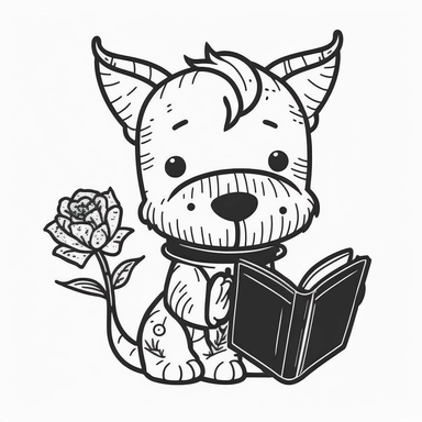 A dog wearing a dragon costume, with a rose in its mouth and a book at its feet.cute, clipart, flat 2d vector, minimalist, black and white, kids cartoon, svg cut file, line art drawing
