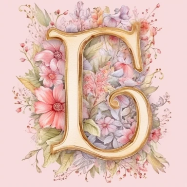 Clipart, Watercolor, Delicate, fine line, Gold Alphabet letter J, with soft pink flowers, pastel colors, hand-draw, texture