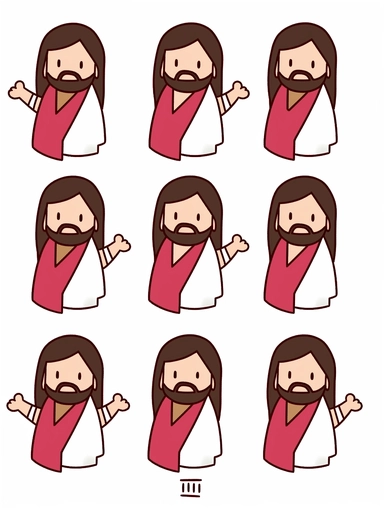 , animated jesus clipart image, in the style of white and red, caricature-like figures, bold, cartoonish lines， emoji sheet,[happy, angry,sad, cry, cute, expecting, laughing,disappointed], white background, flat color.illustration