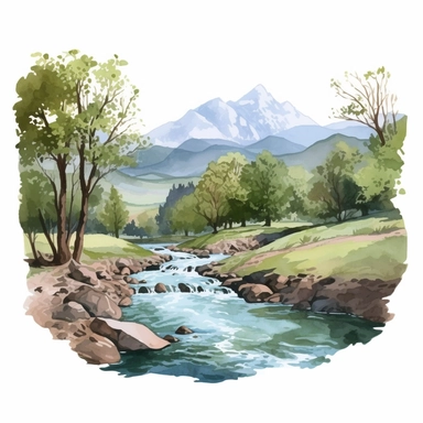 Professional gouache hand - painted illustration of Mountain River in the middle surround by trees, spring, focus on the mountain, Landscape clipart, hiking, nature, camping, white background, natural form, very detailed, deep colour, 8k