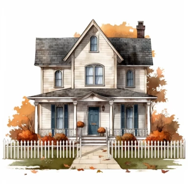 simple vintage house with white fence and front walkway to a porch, halloween, quaint and old, children's illustration style, 1930s era, isolated on white background, high resolution clipart