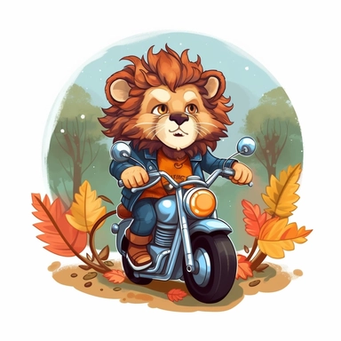 Create a clipart of a cute lion in a leather jacket riding a vintage motorcycle. Strong and aggressive colors. Jungle trees before a White Background, soft lighting.