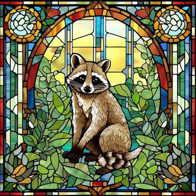 Rectangular stained glass window design, 90 degree square corners, no background, view from solarium in atrium, raccoon in the rainforest, very detailed, clipart, clear crisp colors, photorealistic, oil paint, happy, beautiful, bright colors, cute, ultra-detailed, on a white background - - no cropping