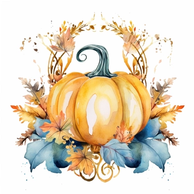 Watercolor pastel boho pumpkin with gold ornate watercolor sitting on pumpkin leaves white background. clipart