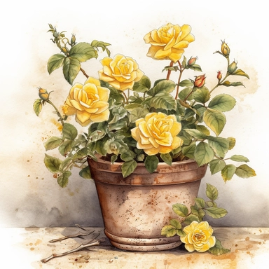 Create a beautiful watercolor clipart vignette of a rustic flowering Mediterannean teracotta potted yellow rose bush. The composition should be set against an isolated white background, with a bright and airy feel. Focus on capturing intricate details such as the delicate plant details. Use a loose and fluid watercolor technique to create a sense of movement and lightness. Experiment with the use of negative space to create a sense of depth and perspective. Consider adding small splatters or smu