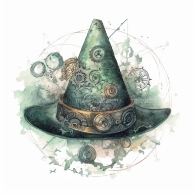 a witch hat decorated with magical symbols , in the style of mystic mechanisms ,pencil art illustrations, Isolated white background, reimagined by industrial light and magic, lith printing, illusory images, watercolor clipart, very subtle emerald tones, , ,