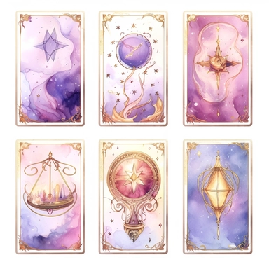 Tarot Cards, in the style of watercolor illustrations, pink and gold, soft lilac, magical and mystical, galaxy elements, modern minimal watercolor, on white background, clipart