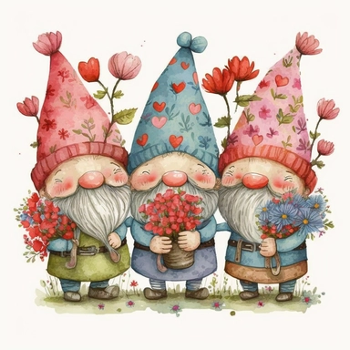 Watercolor happy gnomes valentine threme, Clipart, Colorful, Retro, highly detailed on white background
