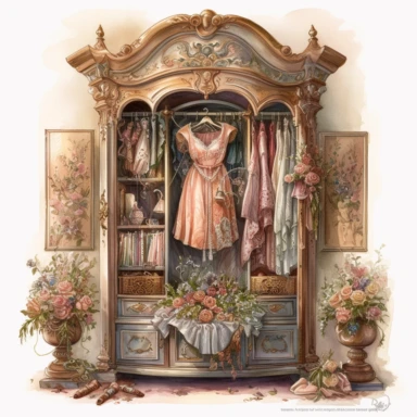 watercolor mixed media masterpiece a royal elegant wardrobe richly decorated with apple blossom, full of beautiful dresses on hangers, is in the bedroom, country mansion, by rodney matthews style and by Tony DiTerlizzi style, Baroque fashion, PNG clipart, isolated on white, extreme photorealistic details, 32k HD resolution, realistic high detailization high resolution