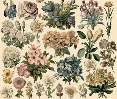 sheel full of various vintage flower ornaments clipart, victorian age, separated each