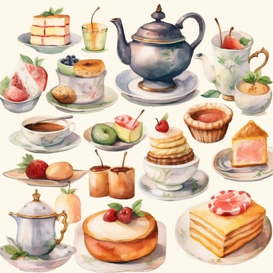 Watercolor vintage tea party items, illustrations clipart set, simple, soft colors, cartoon elements, different variants, teapot, sugar bowl, bun, jug of milk, cake stand, scones, china cup and saucer, , napkin, clotted cream, , knife, fork, jam, slice of cake on plate, tea cups, stacked teacups, lemondish, butter and bisciuits, , tea jars, , separate elements with a margin
