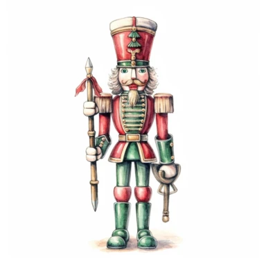 Christmas Nutcracker, Green and Red colors in watercolor pencil drawing style, on a white background, clipart, high details, hdr, hyperrealism