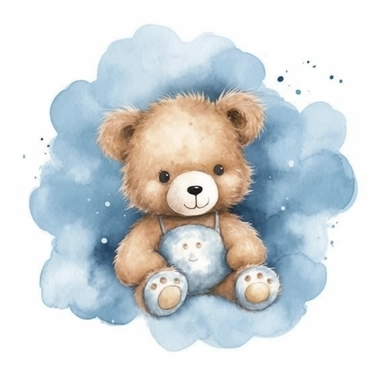 adorable clipart of a cute baby teddy bear between paper clouds, light blue, nursery art style, watercolor, high details