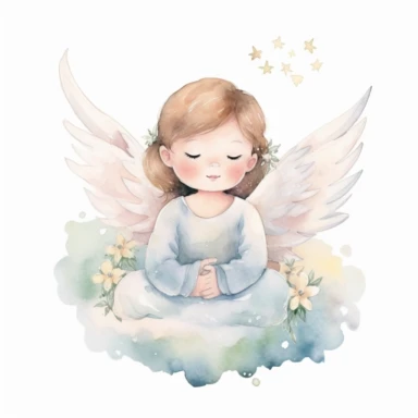 A watercolor painting of an angel sitting on a cloud.