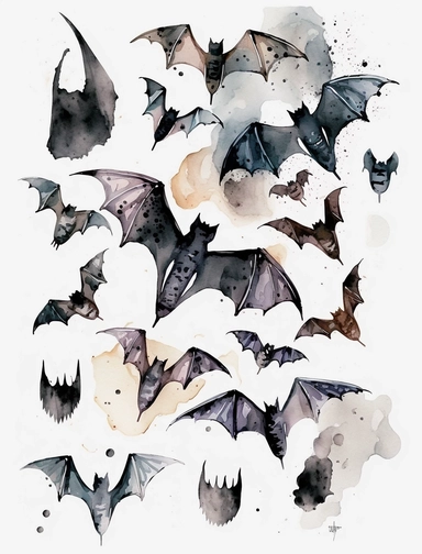 loose simple watercolor clipart of gothic bats, big washes, crisp lines, white bg, modern watercolor drawn by Thomas Smaller