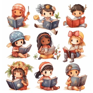 Many different nationality Cute little children reading a book, folk art, watercolor, clipart elements, kawaii, white background
