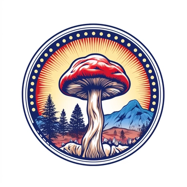 graphic bold, magic mushroom round logo, clipart, Colorado state flag colors