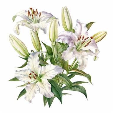 a summer garden with blossoming casablanca lilies, beautiful detailed realistic digital watercolor illustration, white background clipart