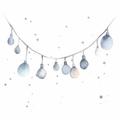 Minimalistic watercolor, hand drawn sketch, adorable, christmas lights, Christmas clipart, grey and blue pastel colors, white background