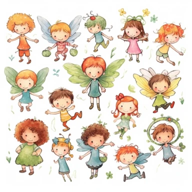a delightful clipart featuring children and fairies playing and having fun against a clean white background. Capture the magic and joy of childhood with vibrant colors and lively expressions. Show children and fairies engaged in playful activities like dancing, flying, and creating magic. Design a versatile clipart suitable for crafts, invitations, and decorations. Celebrate the enchantment of childhood and the magical connection between children and fairies. Let your artwork inspire imagination
