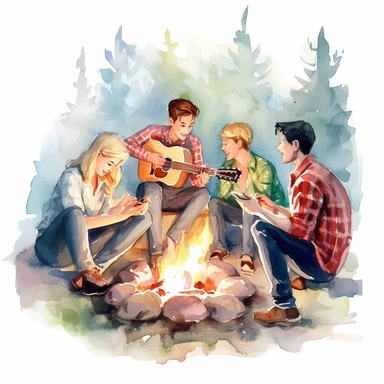 A group of friends gathered around a campfire, roasting marshmallows and singing folk songs from the 1960s, american style, watercolor, clipart