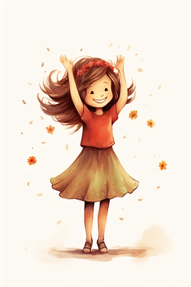 Love in you, girl, dancing, full body, happy face, brown hair, flower on head, red shirt, skirt, beautiful thoughts, self love, self confidence, watercolor, simply drawn for children book, handrawn watercolor graphic clipart, beige background, 16k