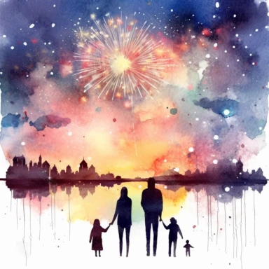 clipart, watercolor pastel fireworks in night sky with silhouettes of families watching, watercolor, white background, v 5.1 s 99