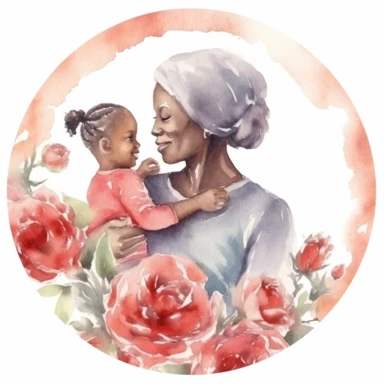 cute watercolor clipart with dark skinned older mom and adult childrens hugging echother in circle, beautiful, hight quality, pastel colors, white background, decorated with red roses