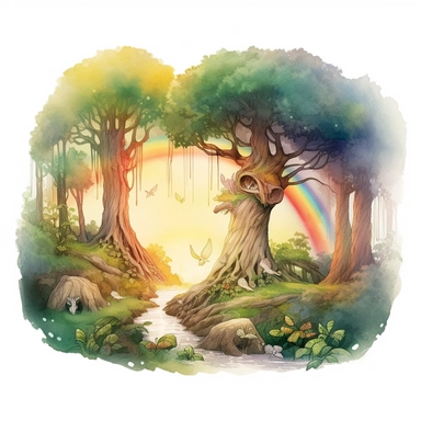a watercolor of a mythical forrest scenery with rainbow, realistic fantasy Style, vector free clipart illustration, in the style of unreal engine 5, 32k uhd, detailed features, white background