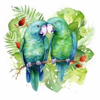 watercolor clipart, two green Eclectus Parrot Parrots in love with tropical gardens, sweet hearts around, watercolor sublimation design, Sublimation Clipart, hyper realistic, intricate detail, illustration style, isolated on white background for removing background, Super-Resolution, Megapixel