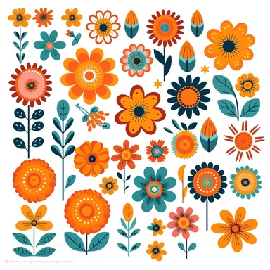 70s Retro Flower Clipart Elements Vector Design on white background