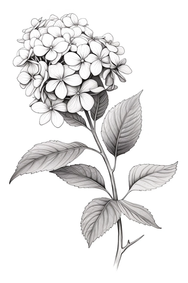 line drawing clipart of a single hydrangea in black and white, coloured in
