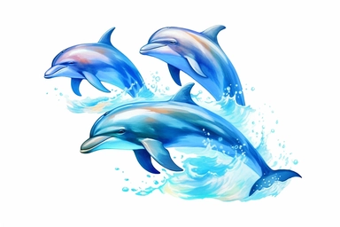 Acrylic painting Vector art of a pod of dolphins jumping in the ocean, clipart HD, on a white background, spaced out UHD, 8K