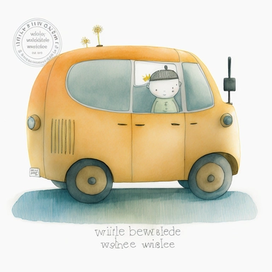 Whimsicle electric car award-winning drawing, bright colours, watercolour and pencil drawing, beautiful watercolour ink wash colouring, thick pencil lines, Jon Klassen, watercolour illustrations clipart, watercolour illustrations for kids and children, plain white background, 2d
