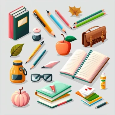Create a set of digital clipart that showcases the joys of learning and education, designs should feature school supplies, such as pencils, textbooks, and backpacks. white background